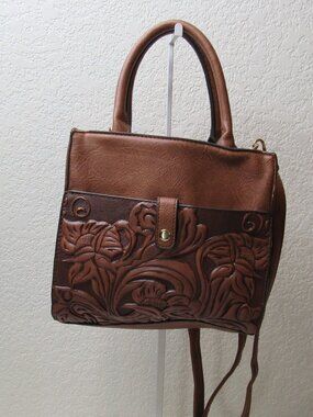 Vintage Western Brown Tooled purse bag Satchel - Floral Embossed Handbag